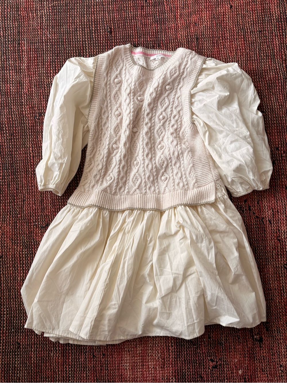 Girls' Cream Knit-Paneled Puff Sleeve Dress